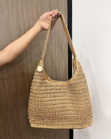Straw Bags for Women, Large Woven Tote Bag, Summer Beach Shoulder Bag, Hobo Handbag for Vacation, Travel Casual Purse in Kuwait