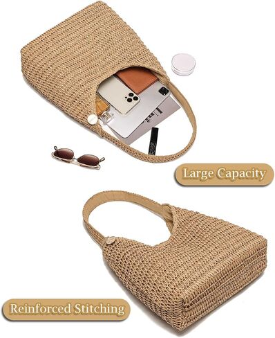Straw Bags for Women, Large Woven Tote Bag, Summer Beach Shoulder Bag, Hobo Handbag for Vacation, Travel Casual Purse in Kuwait