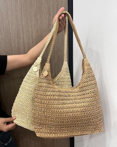 Straw Bags for Women, Large Woven Tote Bag, Summer Beach Shoulder Bag, Hobo Handbag for Vacation, Travel Casual Purse in Kuwait