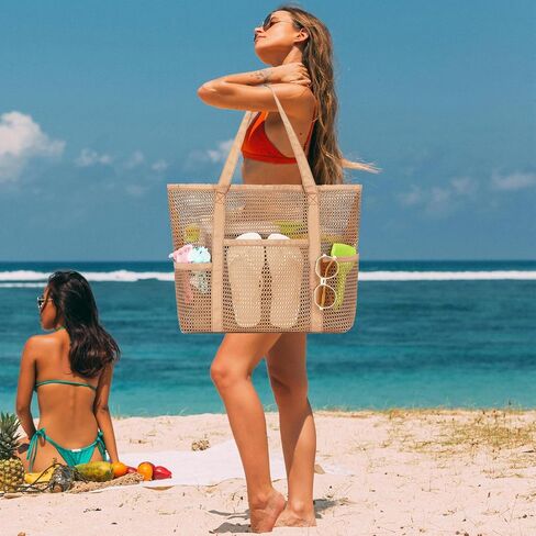 Fammart Mesh Beach Bag for Women, Summer Straw Tote Hobo Pool Bags with Zipper Pocket, Travel Vacation Cruise Essentials 2026 in Kuwait