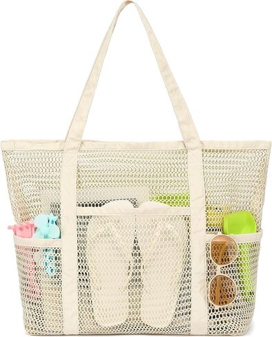 Fammart Mesh Beach Bag for Women, Summer Straw Tote Hobo Pool Bags with Zipper Pocket, Travel Vacation Cruise Essentials 2026 in Kuwait