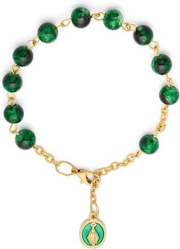 Mondo Cattolico Catholic Rosary Bracelet Gold-Tone with Green Variegated Beads and Miraculous Medal, Made in Italy, Religious Gift for Women in Saudi Arabia