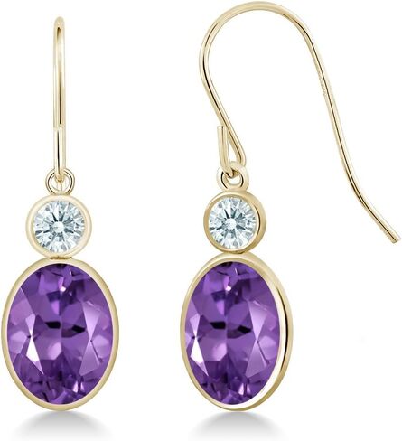 Gem Stone King 14K Yellow Gold Purple Amethyst and White Zirconia Hook French Fish Ear Wire Dangle Earrings For Women (2.22 Cttw, Gemstone February Birthstone, Oval 8X6MM, Round 3MM) in Kuwait