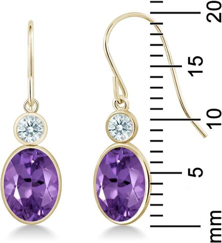 Gem Stone King 14K Yellow Gold Purple Amethyst and White Zirconia Hook French Fish Ear Wire Dangle Earrings For Women (2.22 Cttw, Gemstone February Birthstone, Oval 8X6MM, Round 3MM) in Kuwait
