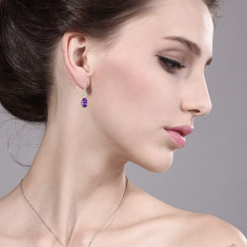 Gem Stone King 14K Yellow Gold Purple Amethyst and White Zirconia Hook French Fish Ear Wire Dangle Earrings For Women (2.22 Cttw, Gemstone February Birthstone, Oval 8X6MM, Round 3MM) in Kuwait