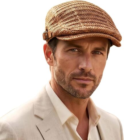 Men Straw Beret Newsboy Hat, Summer Straw Beret Hats for Women, Mesh Adjustable Flat Gatsby Hat Cabbie Ivy Driving Cap in Saudi Arabia