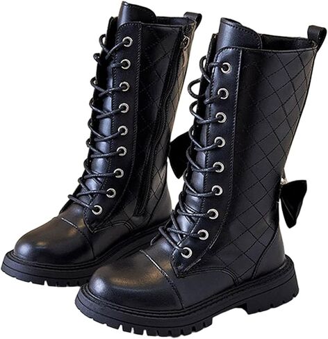 Girls Combat Boots Size 4-11 Cute Bow Lace-Up Side Zipper Knee High Boot Fall Winter Fur Lined Demon Costume Boot in Saudi Arabia