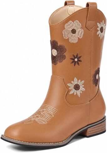 Haloumoning Girls Cowboy Boots Square Toe Mid Calf Western Cowgirl Boots with Floral Embroidered for Little Big Kids in Kuwait