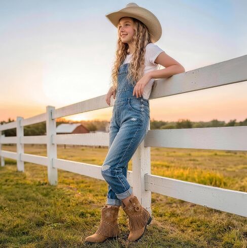 أحذية Choiran Fringe Cowgirl للفتيات - أحذية رعاة البقر الأزهار للأطفال الصغار/الأطفال الكبار/الأطفال الصغار، أحذية غربية مريحة من الجلد السويدي غير قابلة للانزلاق للاستخدام اليومي، وحفلات روديو، ملابس كاجوال in Kuwait