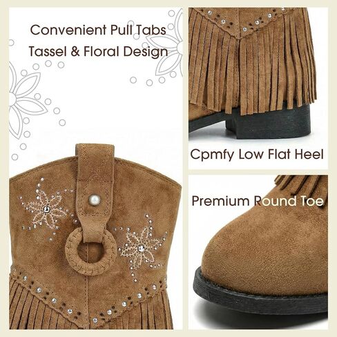 أحذية Choiran Fringe Cowgirl للفتيات - أحذية رعاة البقر الأزهار للأطفال الصغار/الأطفال الكبار/الأطفال الصغار، أحذية غربية مريحة من الجلد السويدي غير قابلة للانزلاق للاستخدام اليومي، وحفلات روديو، ملابس كاجوال in Kuwait