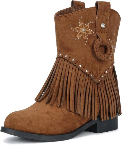 أحذية Choiran Fringe Cowgirl للفتيات - أحذية رعاة البقر الأزهار للأطفال الصغار/الأطفال الكبار/الأطفال الصغار، أحذية غربية مريحة من الجلد السويدي غير قابلة للانزلاق للاستخدام اليومي، وحفلات روديو، ملابس كاجوال in Kuwait