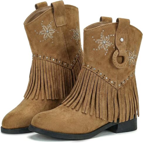 أحذية Choiran Fringe Cowgirl للفتيات - أحذية رعاة البقر الأزهار للأطفال الصغار/الأطفال الكبار/الأطفال الصغار، أحذية غربية مريحة من الجلد السويدي غير قابلة للانزلاق للاستخدام اليومي، وحفلات روديو، ملابس كاجوال in Kuwait