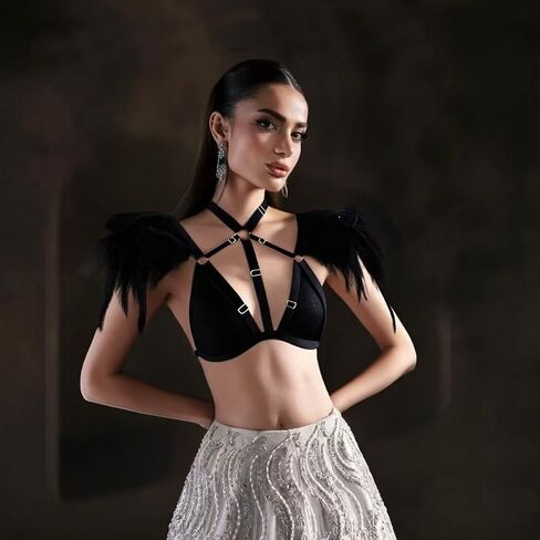 Feather Elastic Band Bra - Mesh Chest, Strappy Caged Bralette for Party & Outerwear Black in Saudi Arabia