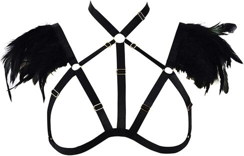 Feather Elastic Band Bra - Mesh Chest, Strappy Caged Bralette for Party & Outerwear Black in Saudi Arabia