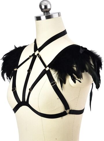 Feather Elastic Band Bra - Mesh Chest, Strappy Caged Bralette for Party & Outerwear Black in Saudi Arabia