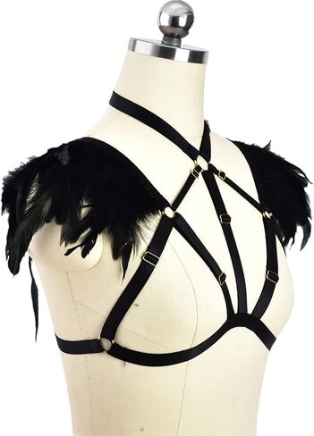 Feather Elastic Band Bra - Mesh Chest, Strappy Caged Bralette for Party & Outerwear Black in Saudi Arabia