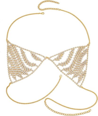 Gold Rhinestone Body Chain Bra, Sparkling Crystal Halter Bralette，Reusable Multi Layer Chest Top for Dance Carnival Festival in Saudi Arabia
