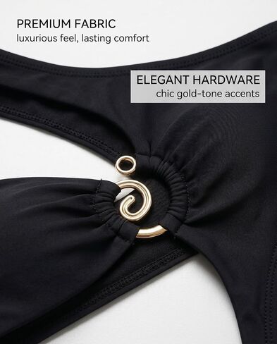 Women's Black Hollow One Shoulder Bandeau Bikini Set with Gold Ring Hardware Cutout Asymmetrical Design Sexy Beach Swimwear Two Piece Suit for Vacation in Kuwait