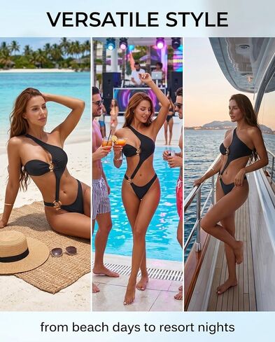Women's Black Hollow One Shoulder Bandeau Bikini Set with Gold Ring Hardware Cutout Asymmetrical Design Sexy Beach Swimwear Two Piece Suit for Vacation in Kuwait