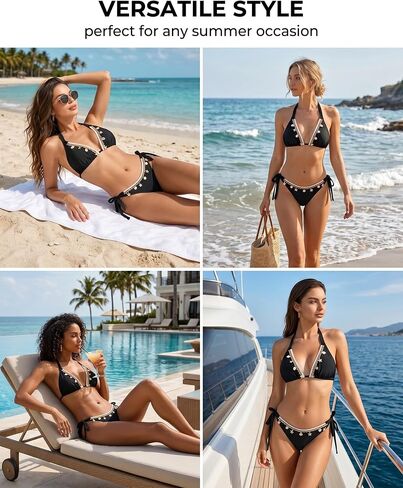 Women's Black Shell Pendant Bikini Set Halter Neck Swimsuit with Pearl and Starfish Decorations Tie Side String Bottoms Two Piece Beachwear Size M in Kuwait