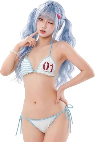 Women Micro Bikini Set Anime Inspired Triangle Swimsuit Kawaii Japanese Style Tie Side 2 Piece Bathing Suit Blue One Size S-M in Kuwait