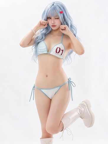 Women Micro Bikini Set Anime Inspired Triangle Swimsuit Kawaii Japanese Style Tie Side 2 Piece Bathing Suit Blue One Size S-M in Kuwait