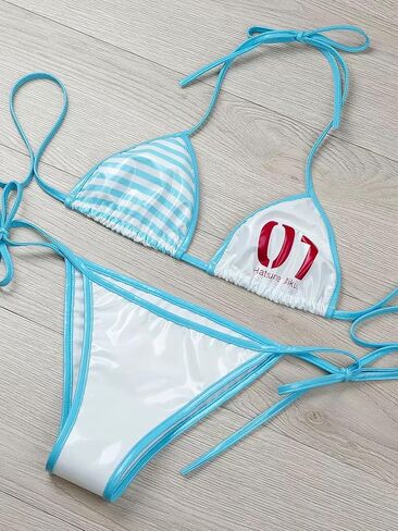 Women Micro Bikini Set Anime Inspired Triangle Swimsuit Kawaii Japanese Style Tie Side 2 Piece Bathing Suit Blue One Size S-M in Kuwait