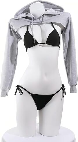 Sexy Gray Hoodie with Black Bikini, Breast-Exposing Hooded Pullover, One Size Fits US S-M, Please Refer to Size Chart in Kuwait