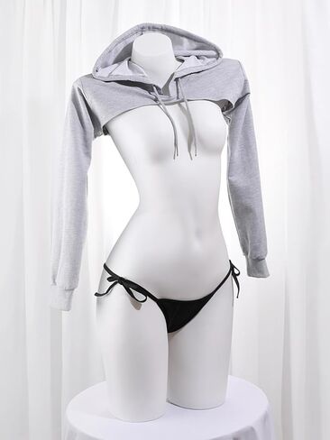 Sexy Gray Hoodie with Black Bikini, Breast-Exposing Hooded Pullover, One Size Fits US S-M, Please Refer to Size Chart in Kuwait