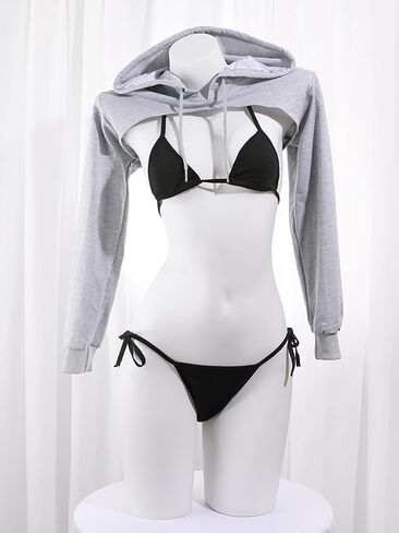 Sexy Gray Hoodie with Black Bikini, Breast-Exposing Hooded Pullover, One Size Fits US S-M, Please Refer to Size Chart in Kuwait