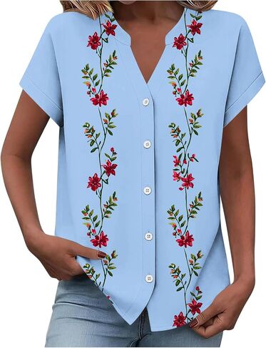 Women Summer Button Down Shirts Cute Graphic Short Sleeve Work Office Tee Blouses Trendy V Neck Vacation Travel Tshirt in Kuwait
