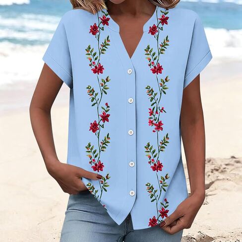 Women Summer Button Down Shirts Cute Graphic Short Sleeve Work Office Tee Blouses Trendy V Neck Vacation Travel Tshirt in Kuwait