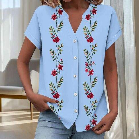 Women Summer Button Down Shirts Cute Graphic Short Sleeve Work Office Tee Blouses Trendy V Neck Vacation Travel Tshirt in Kuwait