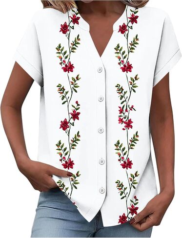 Women Summer Button Down Shirts Cute Graphic Short Sleeve Work Office Tee Blouses Trendy V Neck Vacation Travel Tshirt in Kuwait
