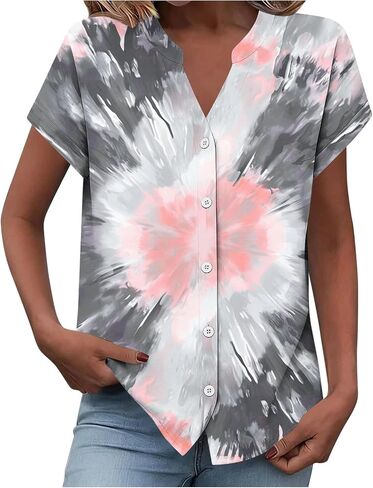 Women Summer Button Down Shirts Cute Graphic Short Sleeve Work Office Tee Blouses Trendy V Neck Vacation Travel Tshirt in Kuwait