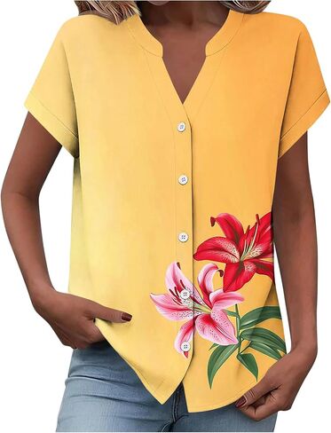 Women Summer Button Down Shirts Cute Graphic Short Sleeve Work Office Tee Blouses Trendy V Neck Vacation Travel Tshirt in Kuwait