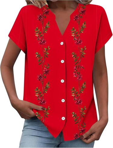 Women Summer Button Down Shirts Cute Graphic Short Sleeve Work Office Tee Blouses Trendy V Neck Vacation Travel Tshirt in Kuwait