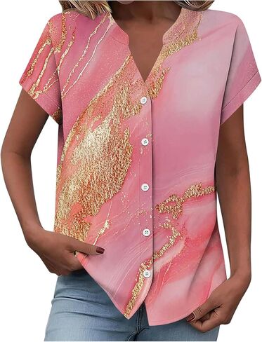 Women Summer Button Down Shirts Cute Graphic Short Sleeve Work Office Tee Blouses Trendy V Neck Vacation Travel Tshirt in Kuwait
