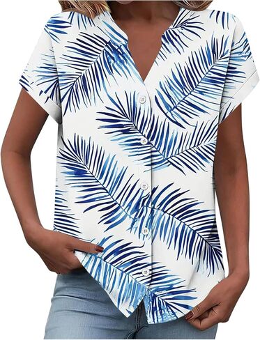 Women Summer Button Down Shirts Cute Graphic Short Sleeve Work Office Tee Blouses Trendy V Neck Vacation Travel Tshirt in Kuwait