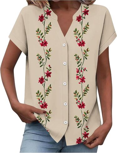 Women Summer Button Down Shirts Cute Graphic Short Sleeve Work Office Tee Blouses Trendy V Neck Vacation Travel Tshirt in Kuwait