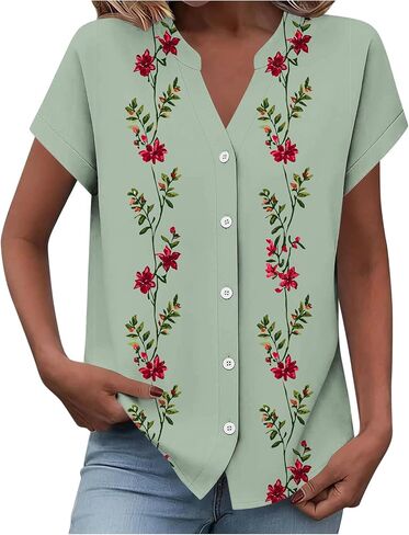 Women Summer Button Down Shirts Cute Graphic Short Sleeve Work Office Tee Blouses Trendy V Neck Vacation Travel Tshirt in Kuwait