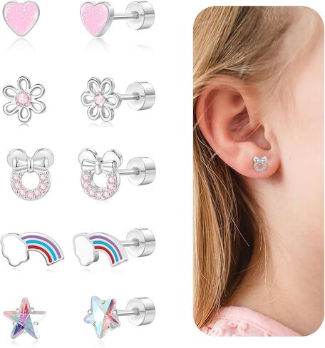 Hypoallergenic Earrings for Girls Toddler Kids, Cute Infant Baby Earrings Flatback Screw Back Earrings 14K Gold Plated Small Flower Pink Heart Star Mouse Rainbow Surgical Steel Stud Earrings Set in Kuwait
