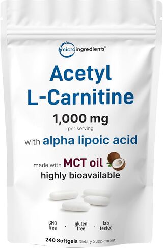 Micro Ingredients Acetyl L-Carnitine (ALCAR) 1,000 mg Per Serving, 240 Softgels | 2-in-1 Formula with Alpha Lipoic Acid | Made with MCT Oil | Non-GMO, Gluten Free in Kuwait