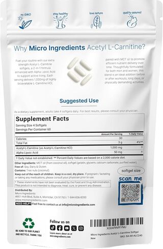 Micro Ingredients Acetyl L-Carnitine (ALCAR) 1,000 mg Per Serving, 240 Softgels | 2-in-1 Formula with Alpha Lipoic Acid | Made with MCT Oil | Non-GMO, Gluten Free in Kuwait