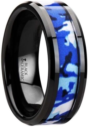 RECOIL Black Ceramic Ring with Blue and White Camouflage Inlay - 8mm in Kuwait