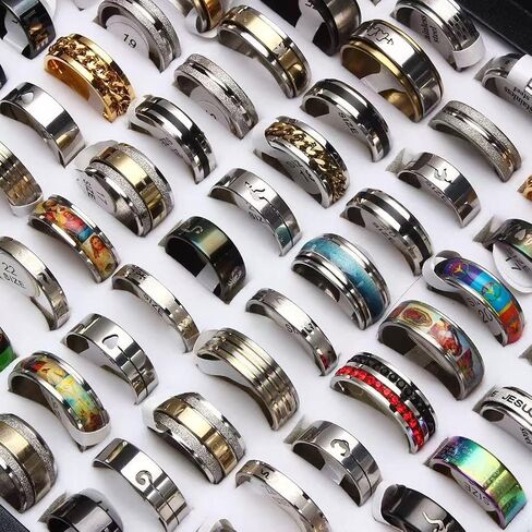 50Pcs/Lot Mixed Color Wide Band Titanium Steel Rings for Men, Random Style/Size 7-12, Gift Jewelry for Daily Wear in Saudi Arabia