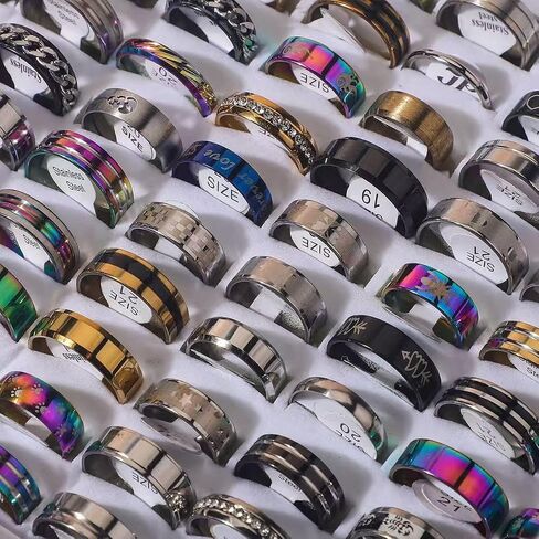 50Pcs/Lot Mixed Color Wide Band Titanium Steel Rings for Men, Random Style/Size 7-12, Gift Jewelry for Daily Wear in Saudi Arabia