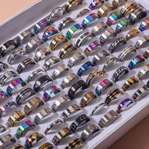 50Pcs/Lot Mixed Color Wide Band Titanium Steel Rings for Men, Random Style/Size 7-12, Gift Jewelry for Daily Wear in Saudi Arabia