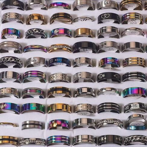 50Pcs/Lot Mixed Color Wide Band Titanium Steel Rings for Men, Random Style/Size 7-12, Gift Jewelry for Daily Wear in Saudi Arabia