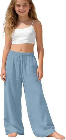 Girls Linen Pants Kids 2026 Summer Lightweight Casual Beach Baggy Elastic Waist Wide Leg Trousers with Pockets in Kuwait